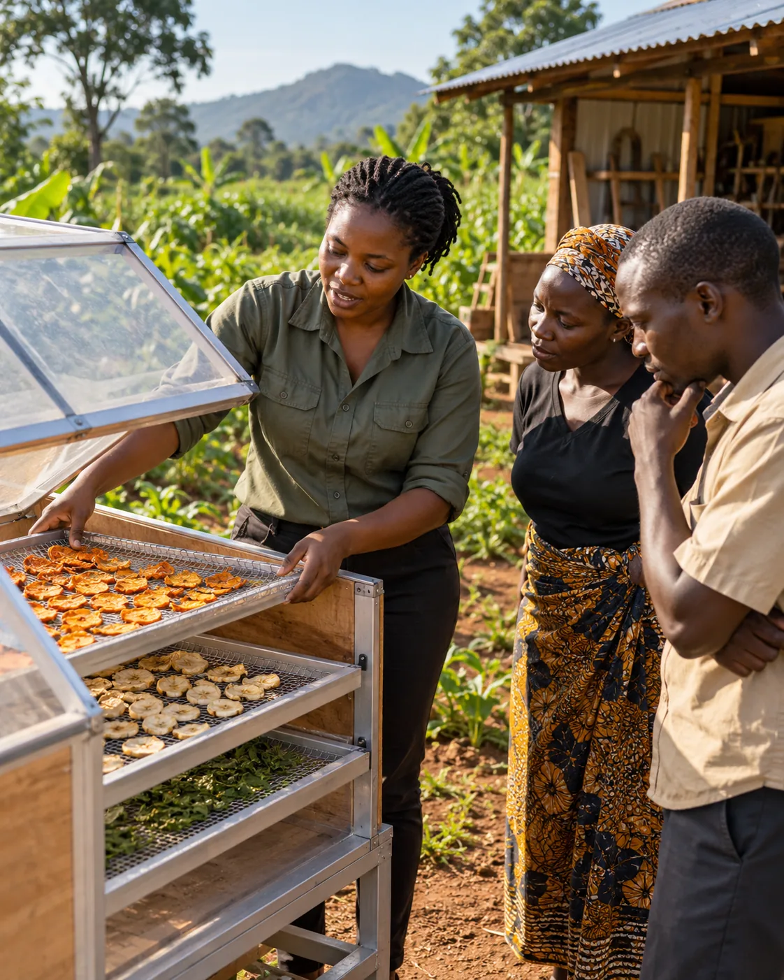A Ugandan woman exploring an agricultural prototype among crops in a field