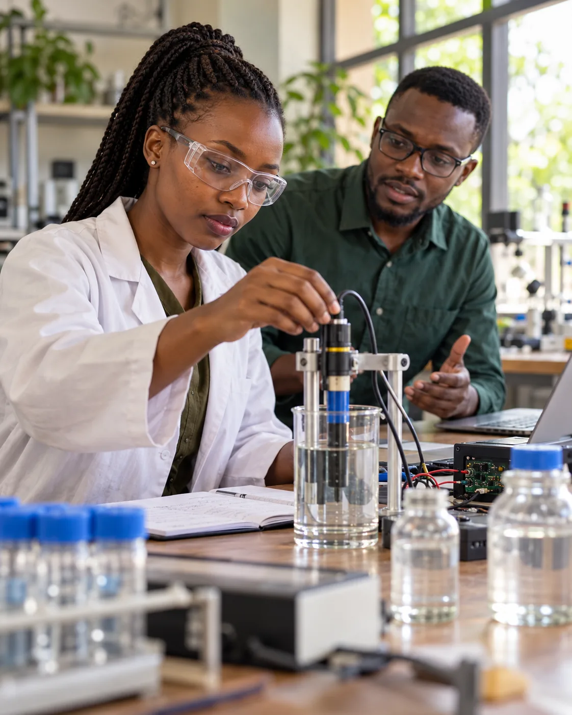 A Ugandan university researcher examining a prototype at a laboratory workbench